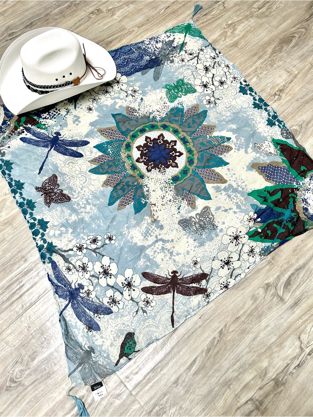Botanical Dragonfly/butterfly/birds Floral Scarf Wrap w prairie Country vibe